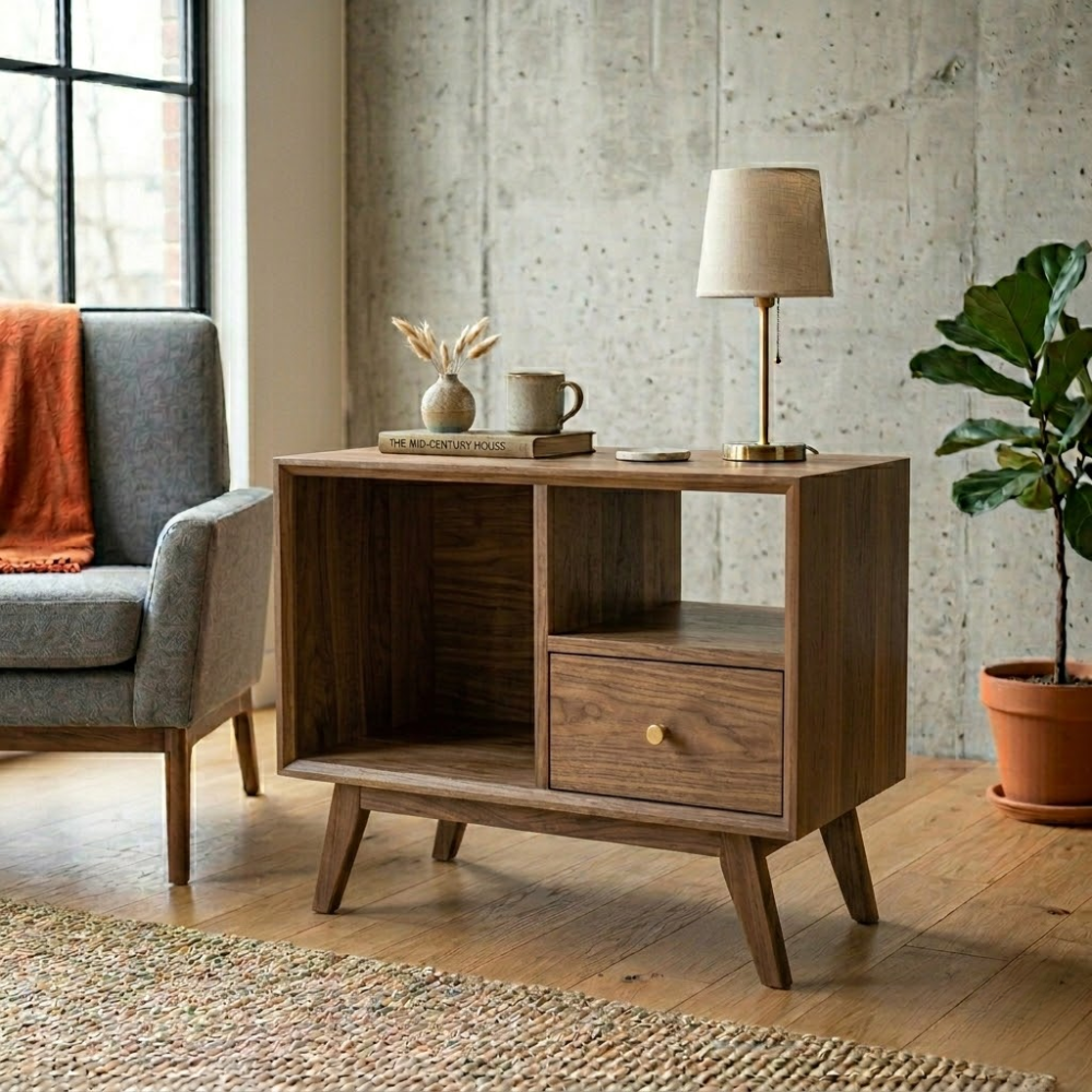 Solid Wood End Table with Open Shelves and Drawer – Mid Century Modern Side Table