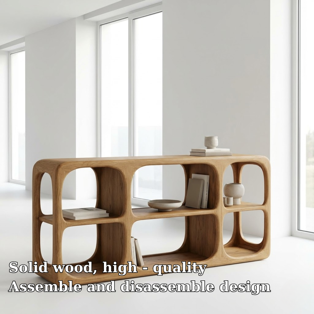 Minimalist Light Oak Console Cabinet - Sculptural Open Shelf Sideboard