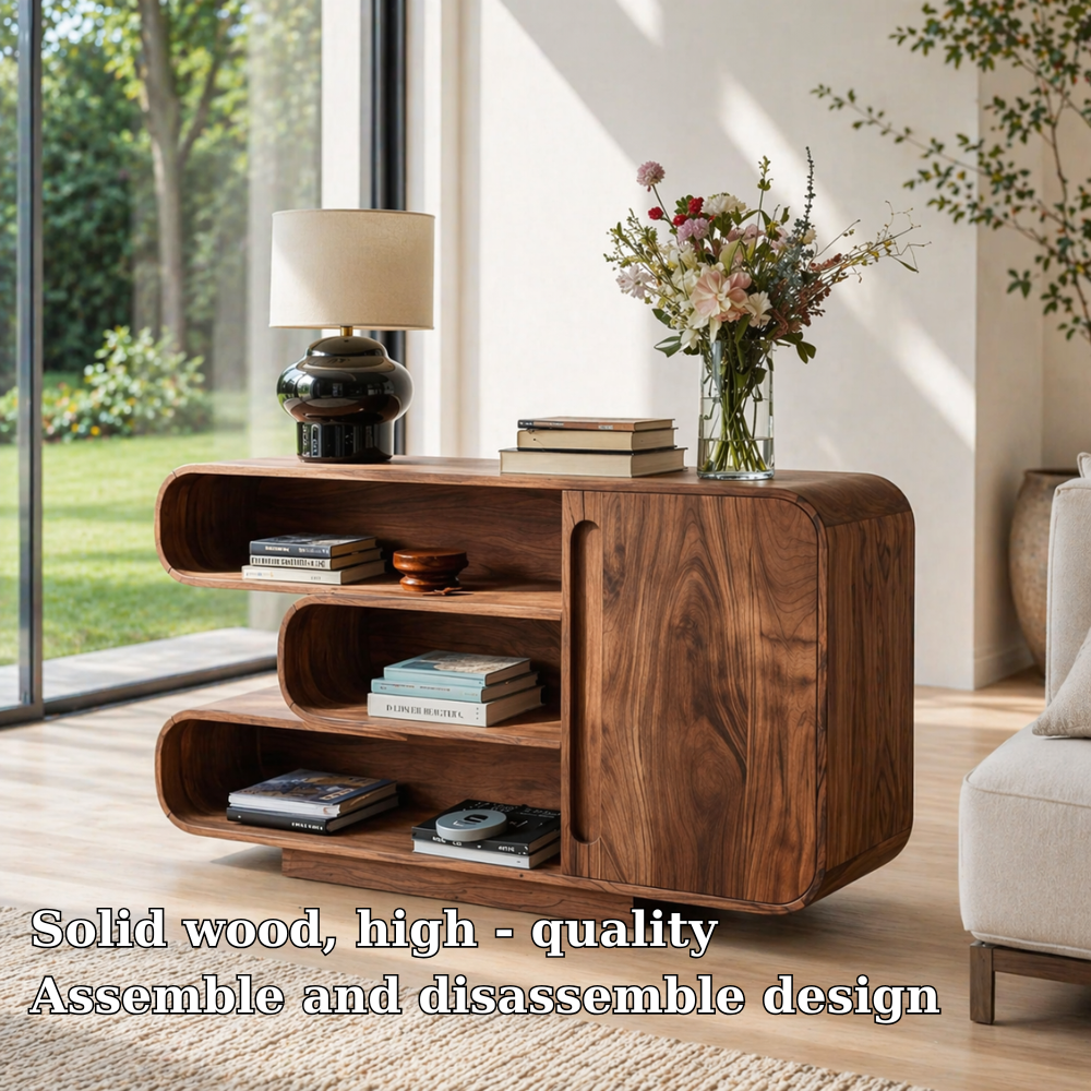 Curved Solid Wood Console Sideboard – Modern Walnut Storage Cabinet with Shelves