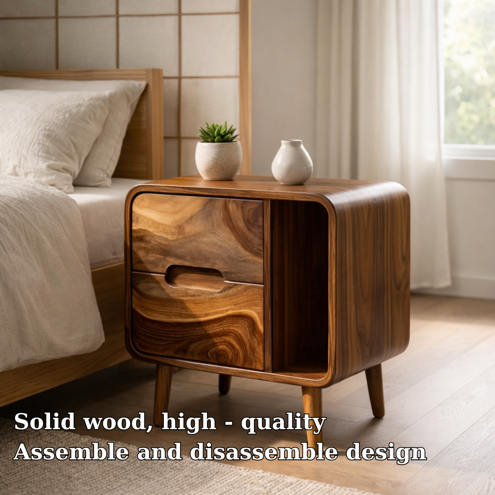 Solid Wood Nightstand with Drawer & Open Cubby – Curved Modern Bedside Table