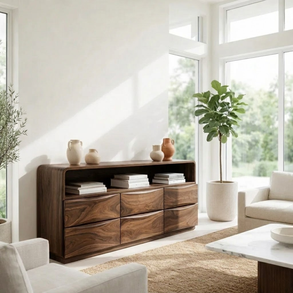 Solid Wood Sideboard Console with Wave Drawers & Open Shelf Storage Cabinet