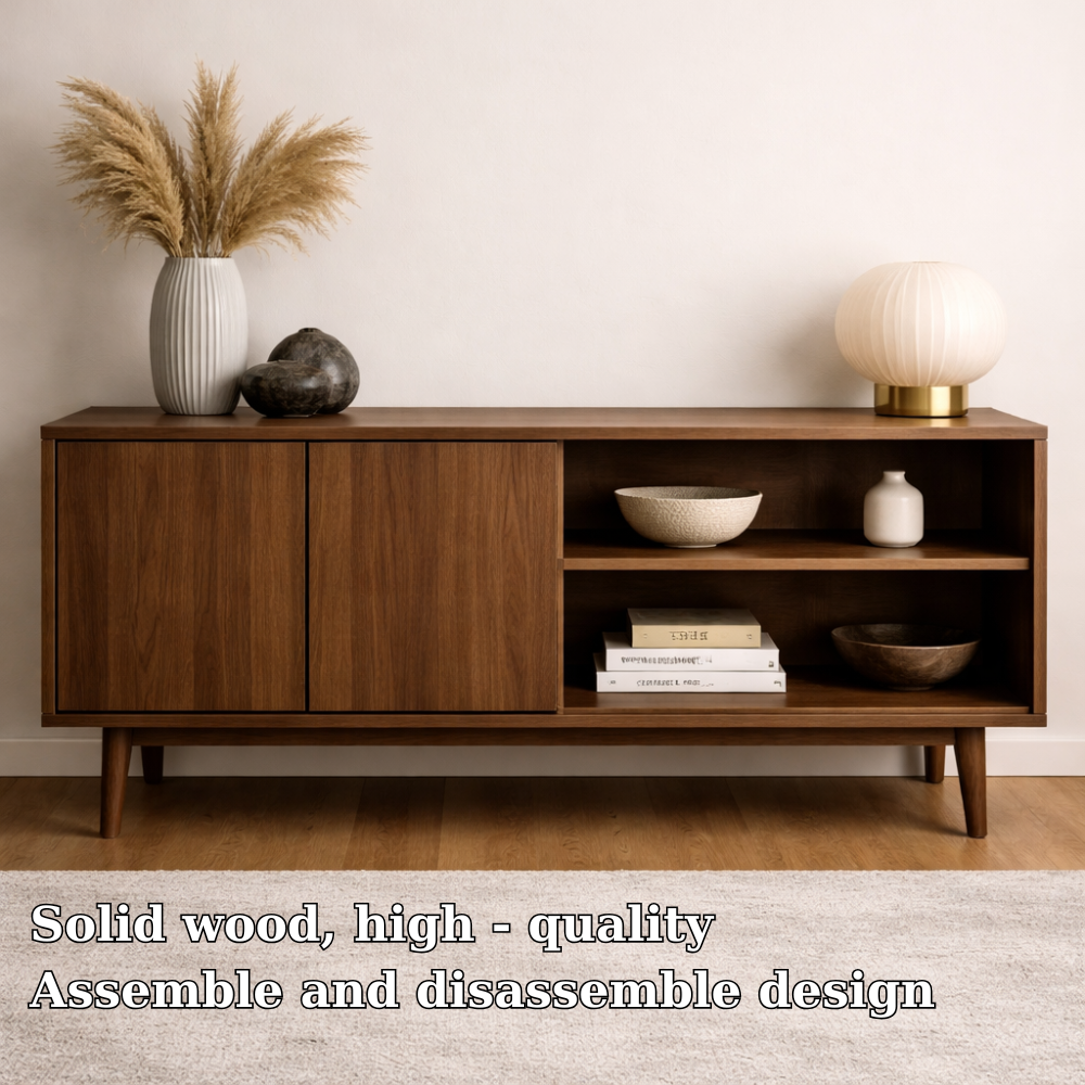 Minimalist Solid Wood Console Cabinet with Sliding Door and Open Shelf