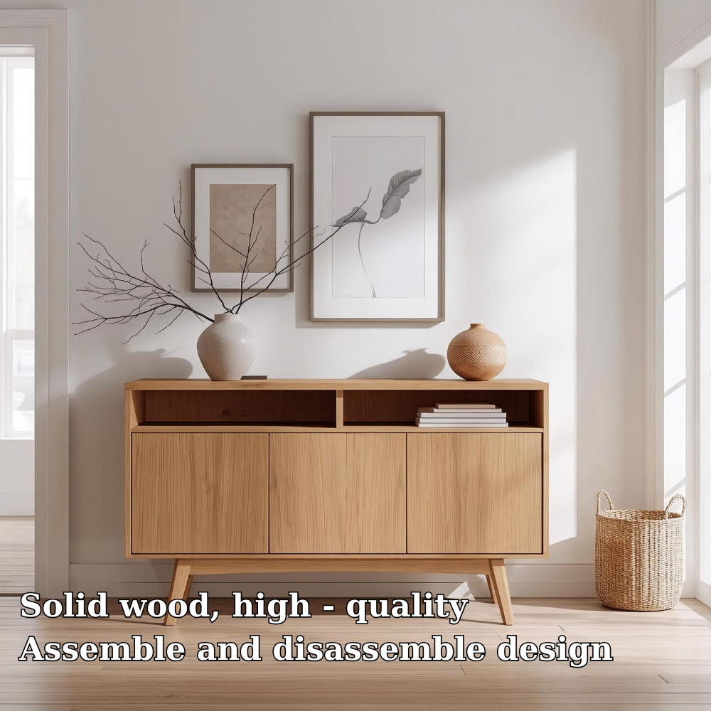 Mid-Century Modern Solid Wood Console Cabinet with Open Shelf and Storage