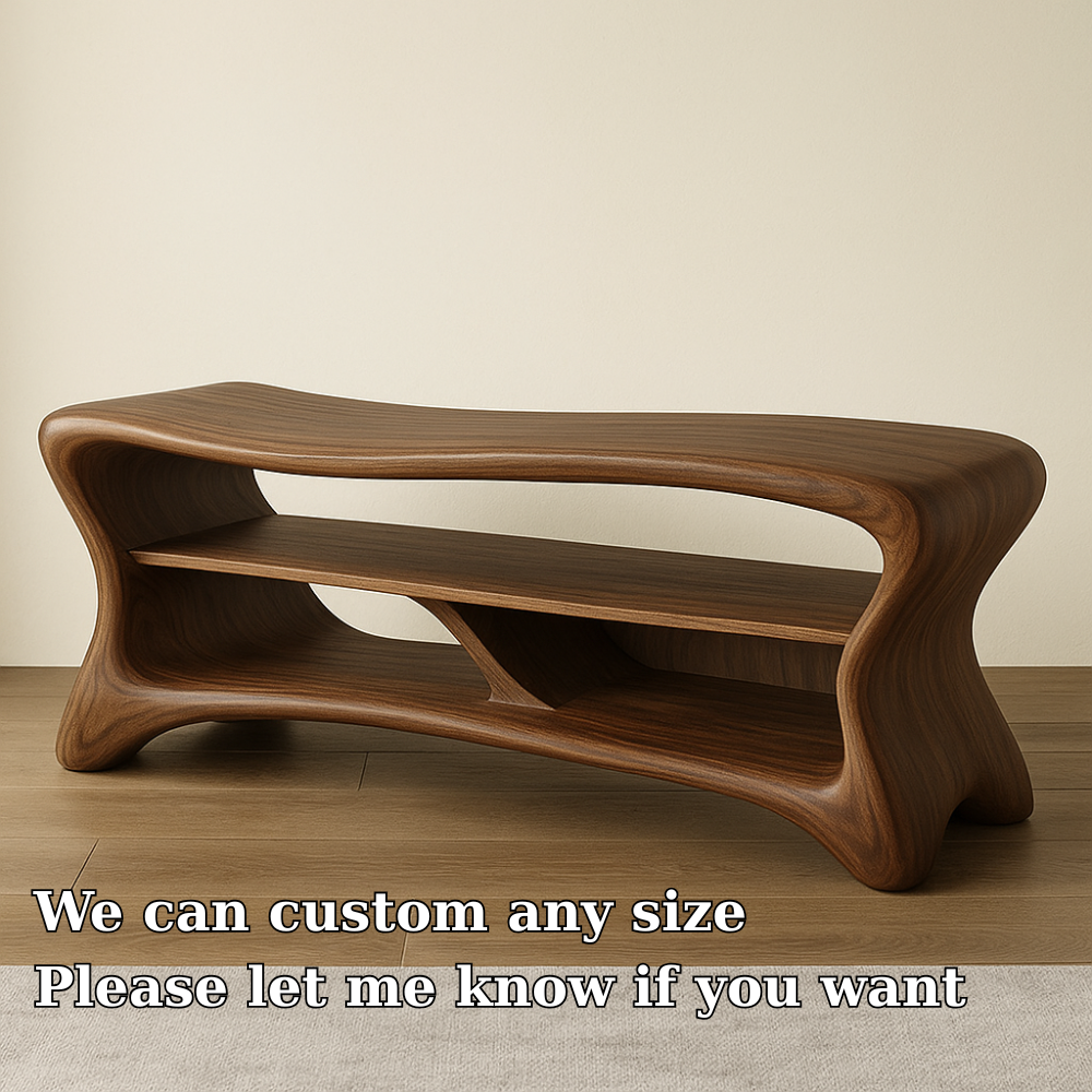 Sculptural Solid Wood TV Console – Modern Wooden Media Stand with Storage Shelf