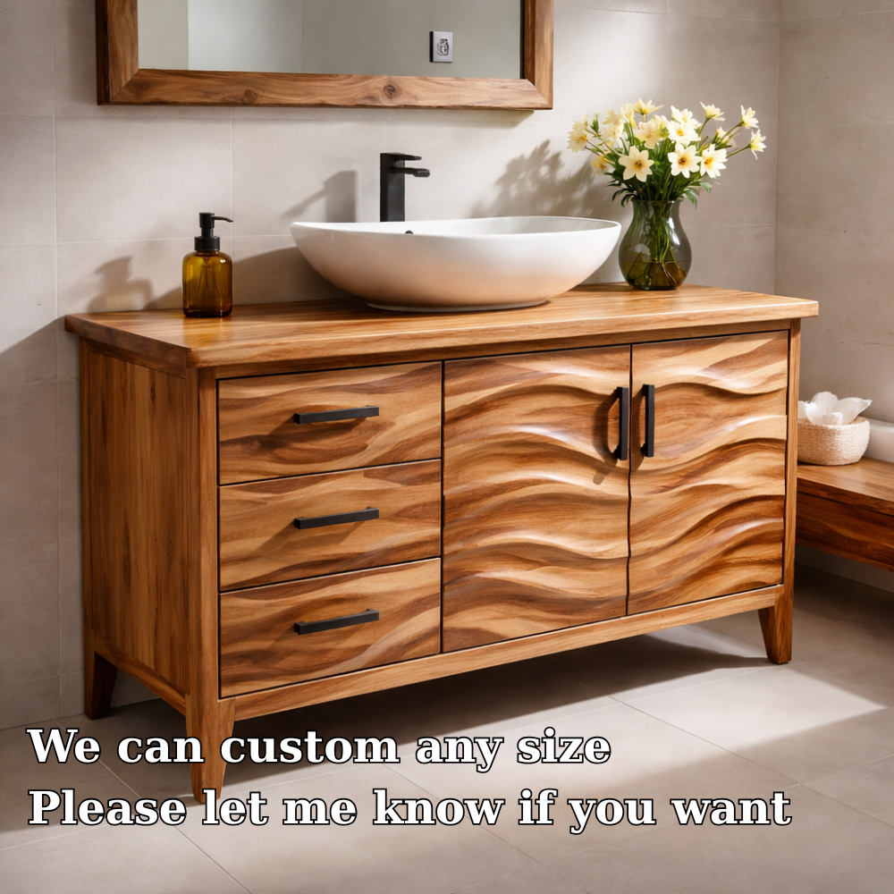 Solid Wood Bathroom Vanity with Wave Design & Drawers – Modern Rustic Base