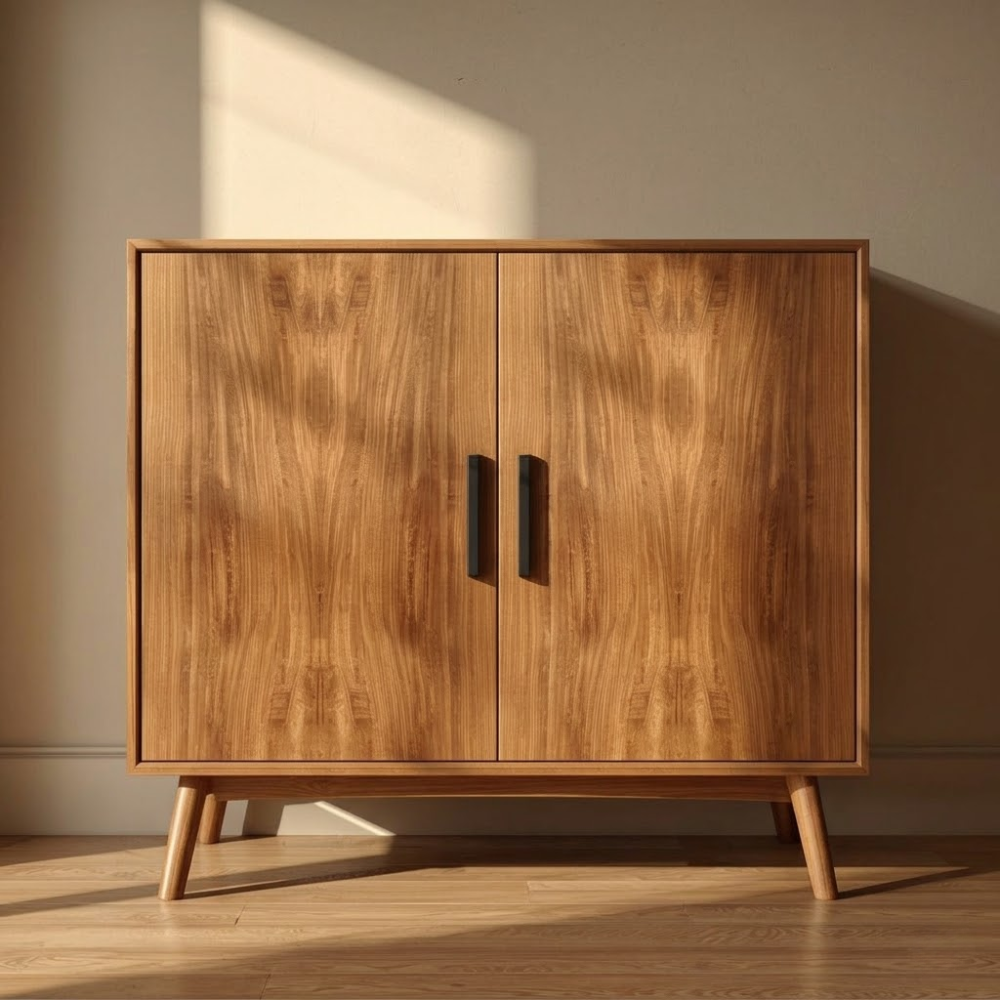 Sleek Walnut Console Cabinet | Mid-Century Modern Design with Black Handles