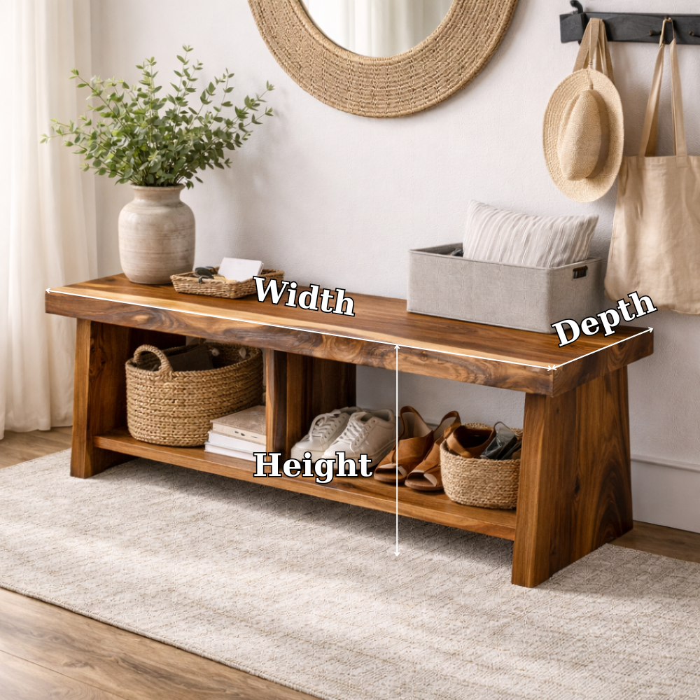 Solid Wood Entryway Bench with Storage | Rustic Hallway Bench with Open Shelves