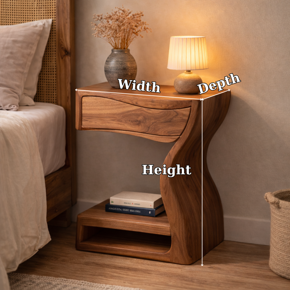 Solid Walnut Nightstand with Drawer and Shelf – Sculptural Curved Wood Bedside Table