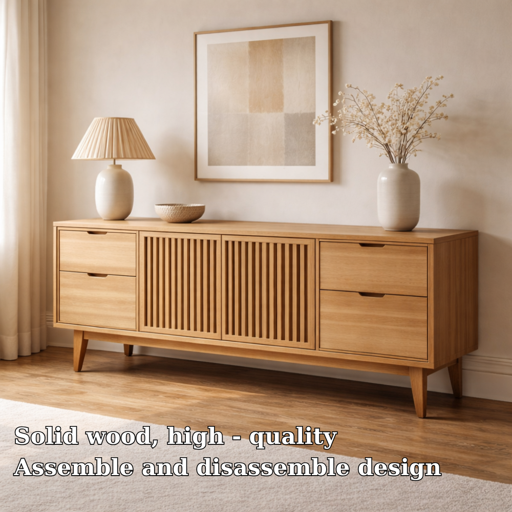 Solid Wood Console Cabinet with Slatted Doors and Drawer Storage