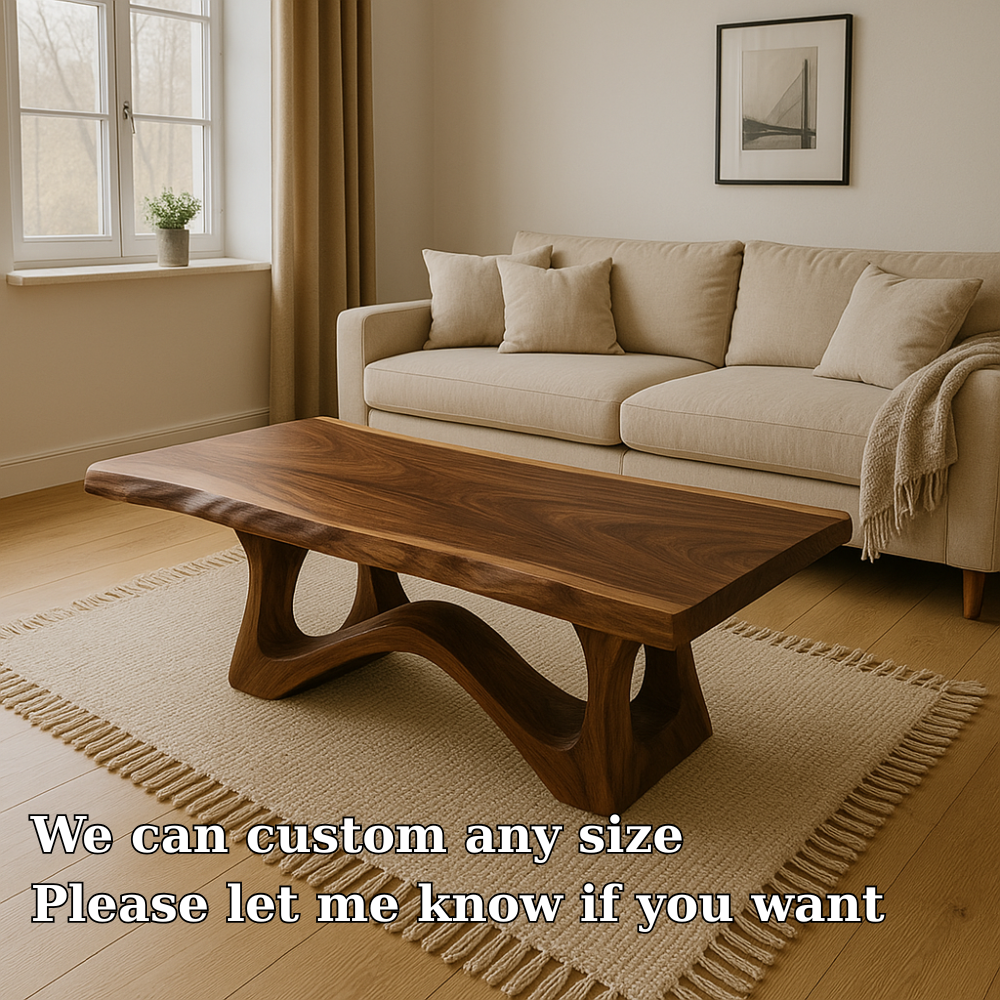 Modern Wooden Coffee Table with Curved Base – Solid Wood Living Room Center Table