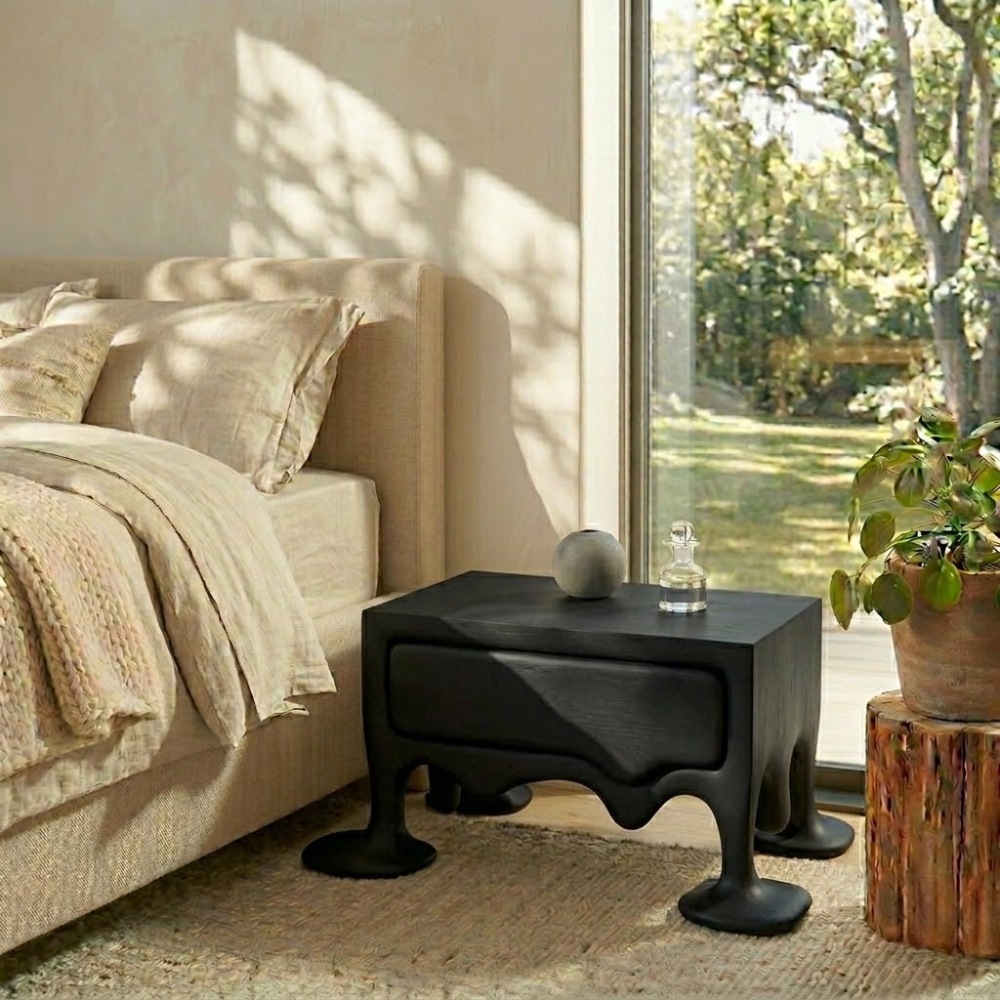 Solid Wood Nightstand with Drawer – Sculptural Organic Bedside Table