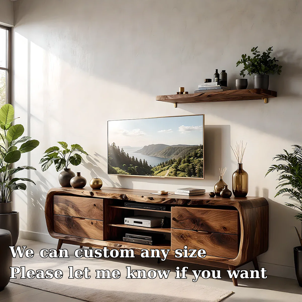Solid Wood TV Stand Modern Walnut Media Console with Mid Century Design