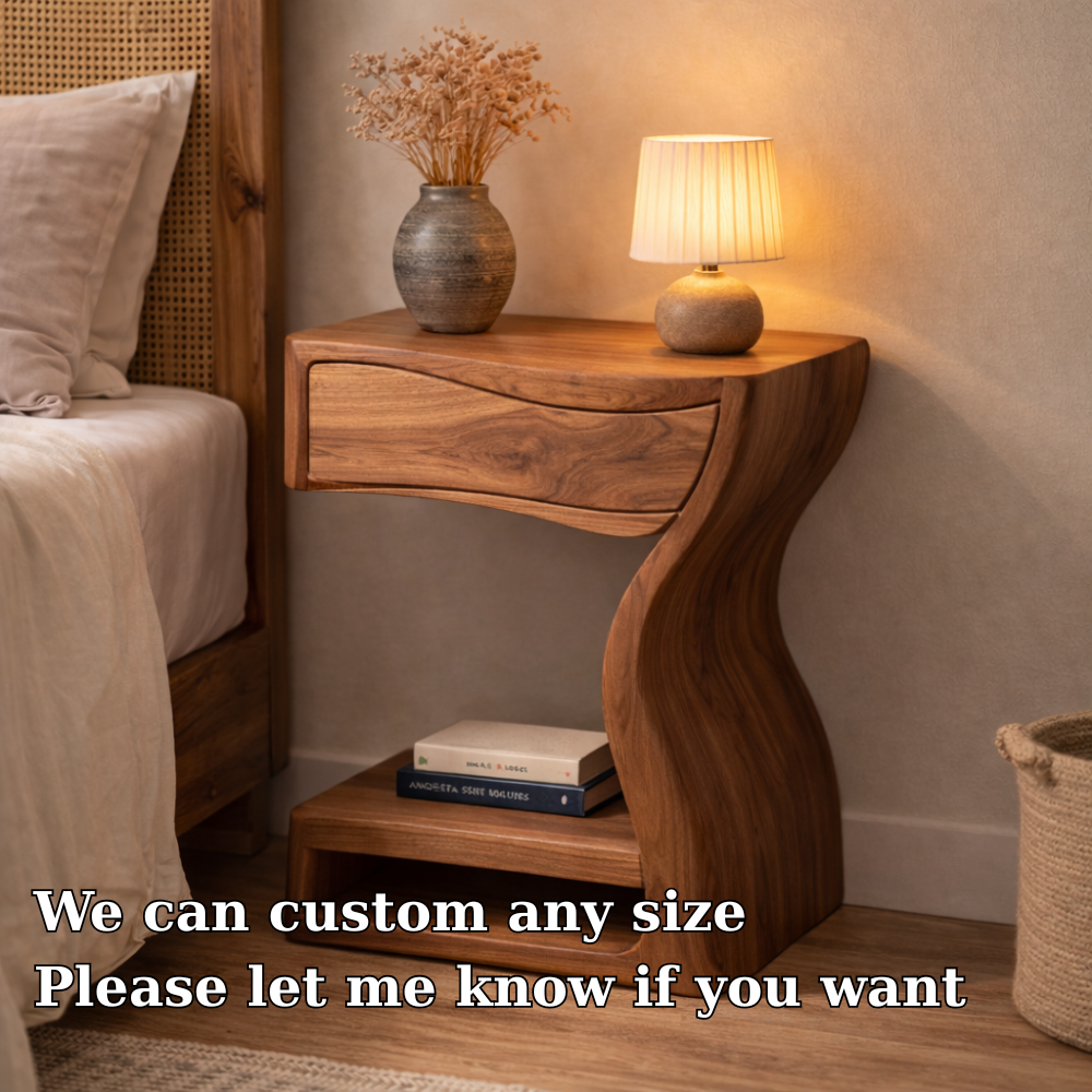 Solid Walnut Nightstand with Drawer and Shelf – Sculptural Curved Wood Bedside Table