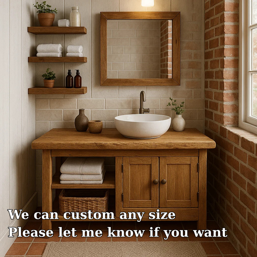 Rustic Solid Wood Bathroom Vanity with Cabinet and Open Shelf Farmhouse Vanity