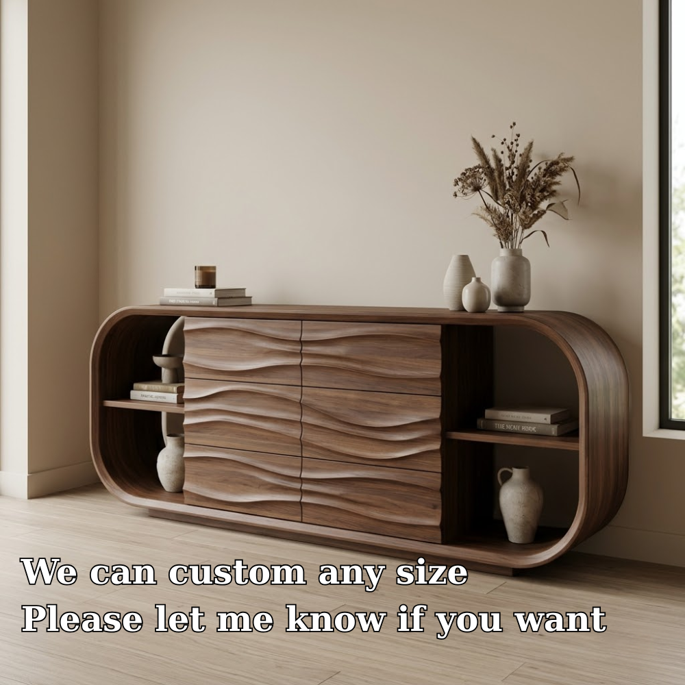 Wave Carved Walnut Console Cabinet - Curved Sideboard with Organic Textures