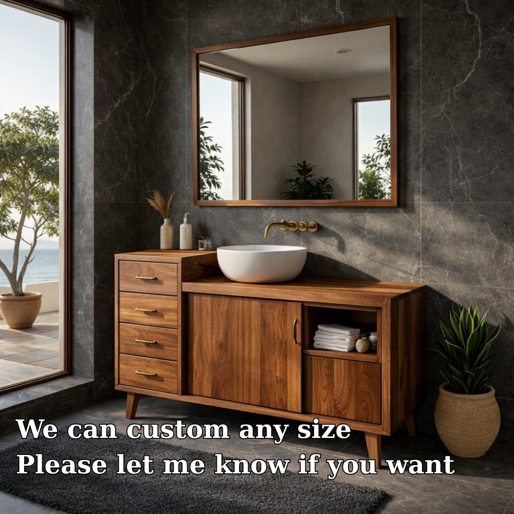 Solid Wood Bathroom Vanity with Drawers & Cabinet Storage – Mid Century Walnut Vanity