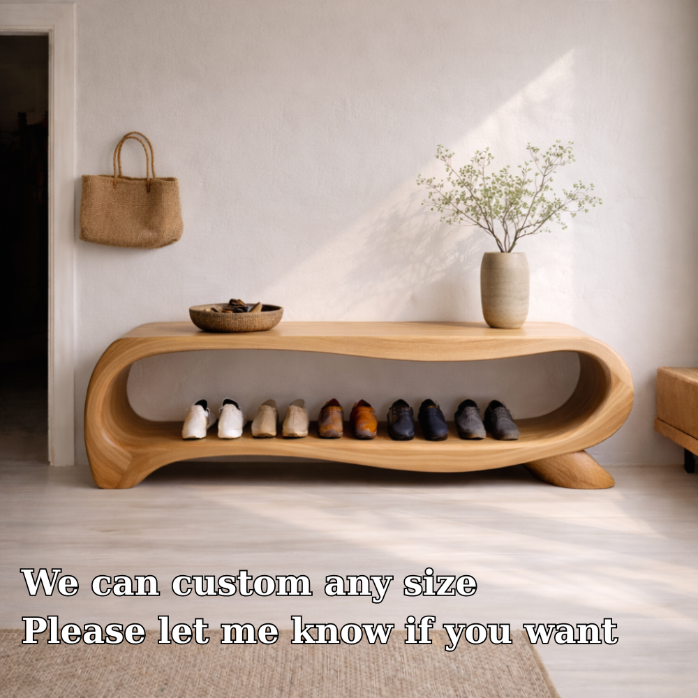 Modern Solid Wood Entryway Bench with Shoe Storage Shelf – Curved Wooden Shoe Rack Bench