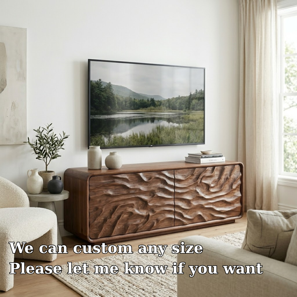 Solid Wood Media Console with Sculpted Doors, Modern TV Stand Cabinet with Storage