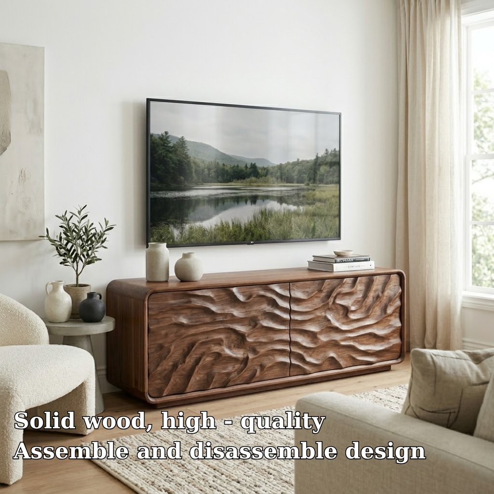 Solid Wood Media Console with Sculpted Doors, Modern TV Stand Cabinet with Storage