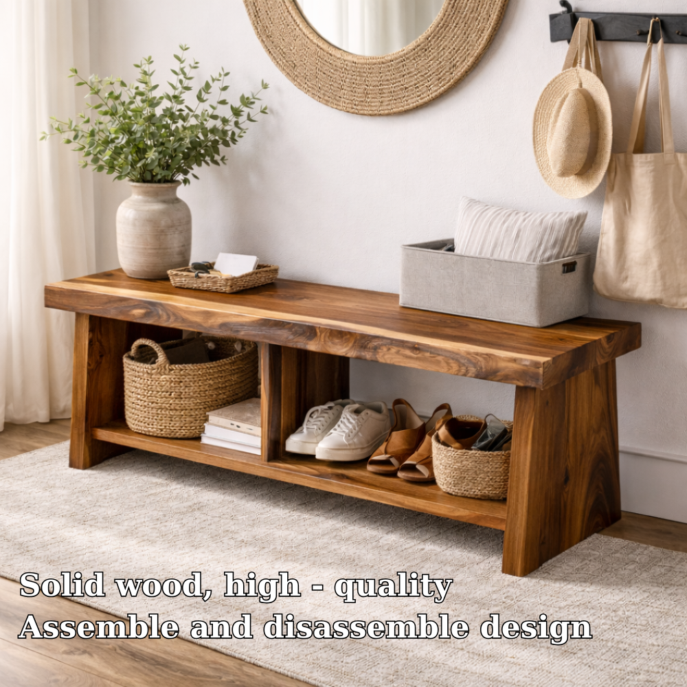 Solid Wood Entryway Bench with Storage | Rustic Hallway Bench with Open Shelves