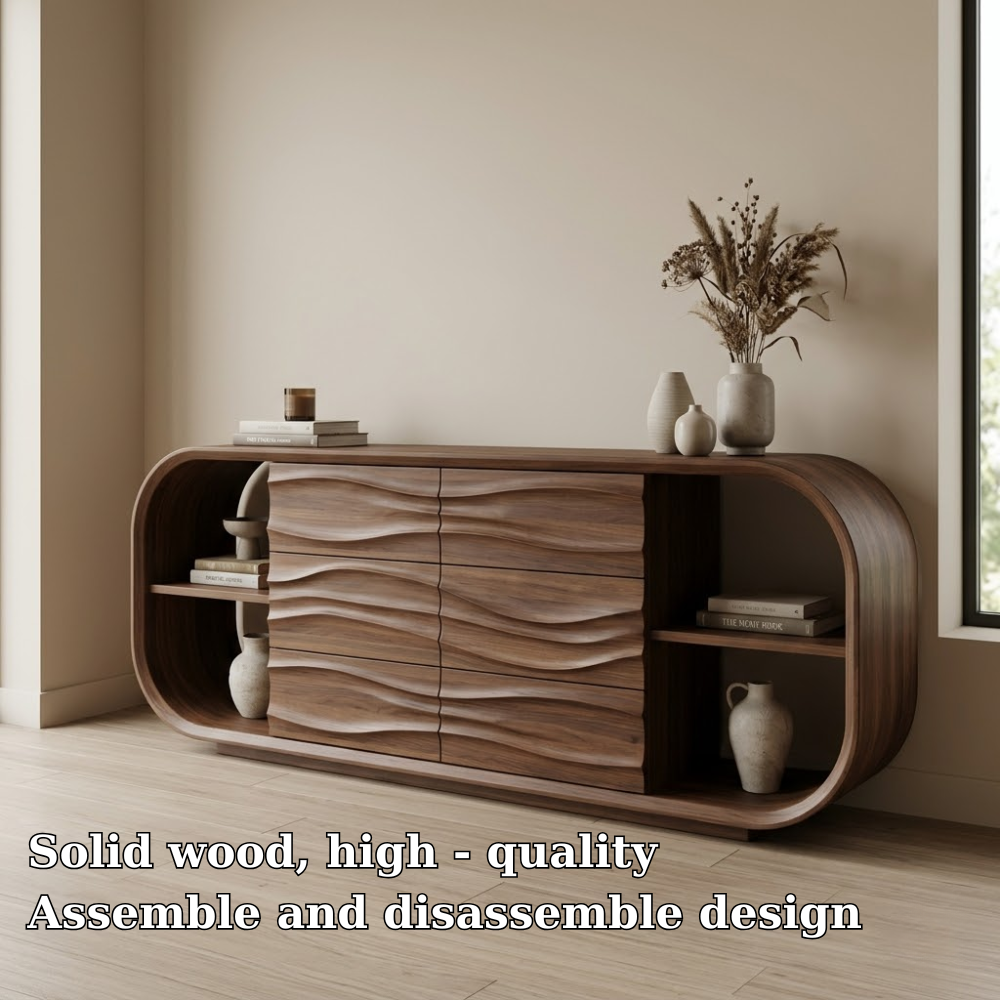 Wave Carved Walnut Console Cabinet - Curved Sideboard with Organic Textures