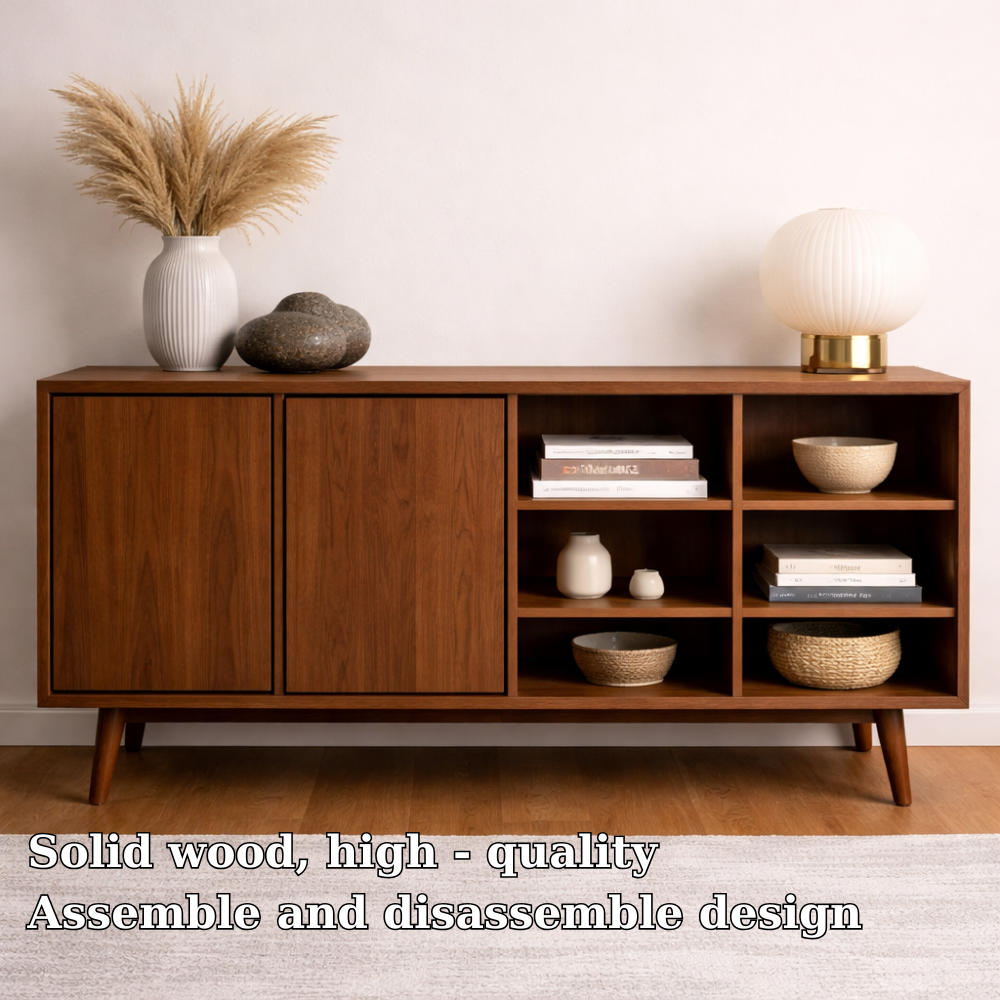 Modern Walnut Console Cabinet with Doors and Open Display Shelving