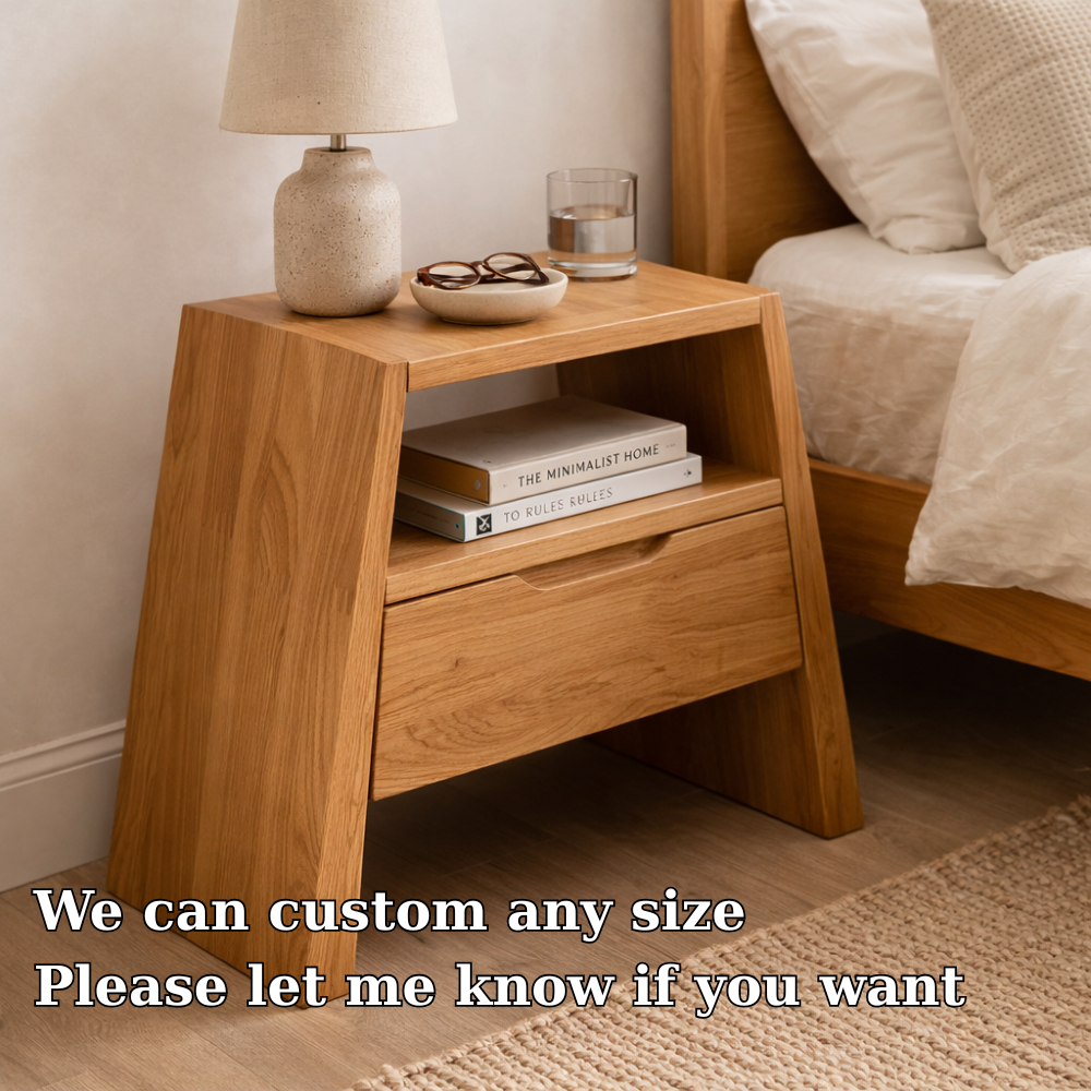 Solid Wood End Table with Drawer and Open Shelf – Modern Angled Bedside Table