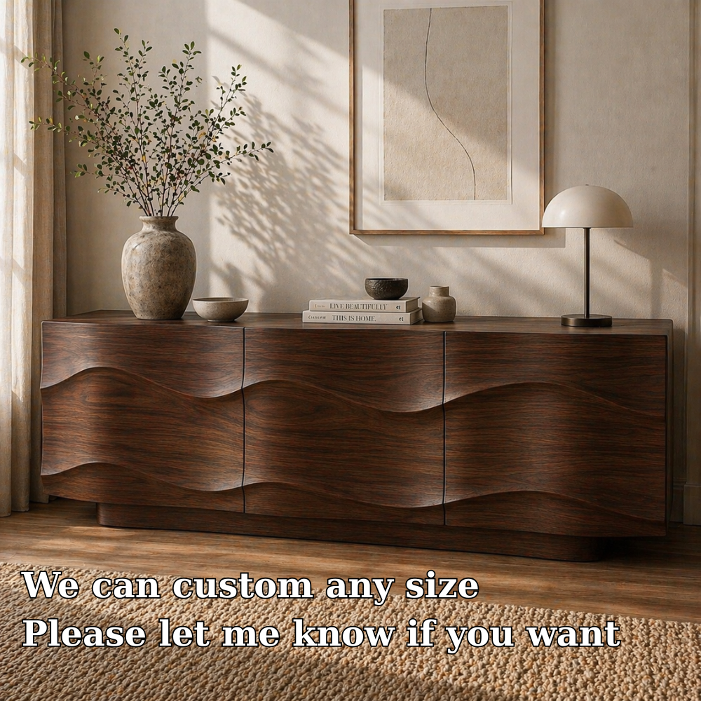 Modern Solid Wood Sideboard Cabinet with Wave Design Doors – Minimalist Storage
