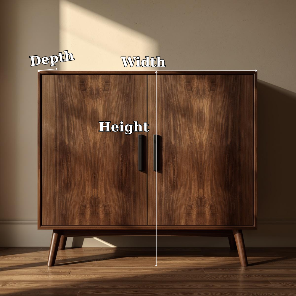Sleek Walnut Console Cabinet | Mid-Century Modern Design with Black Handles