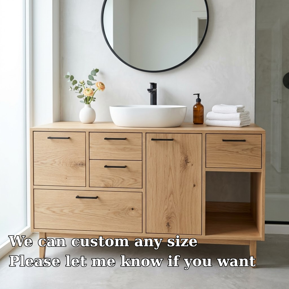 Solid Wood Bathroom Vanity with Drawers & Open Storage – Modern Design