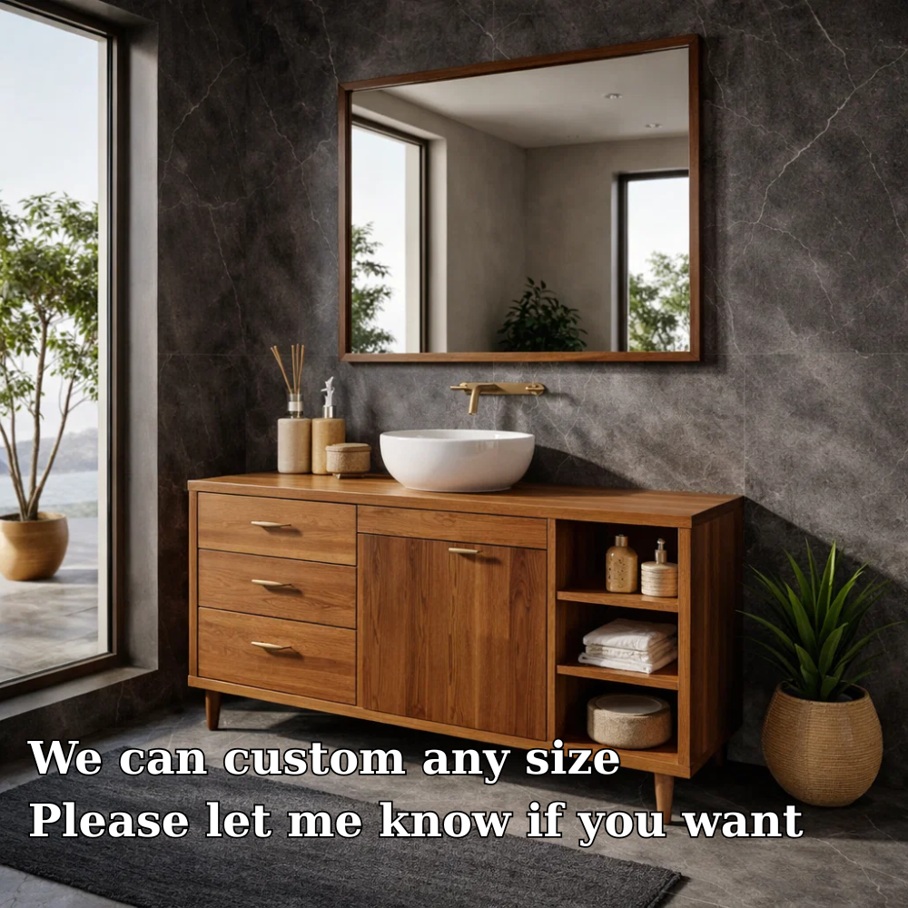 Solid Wood Bathroom Vanity with Drawers, Cabinet & Open Shelf – Mid Century Walnut Vanity