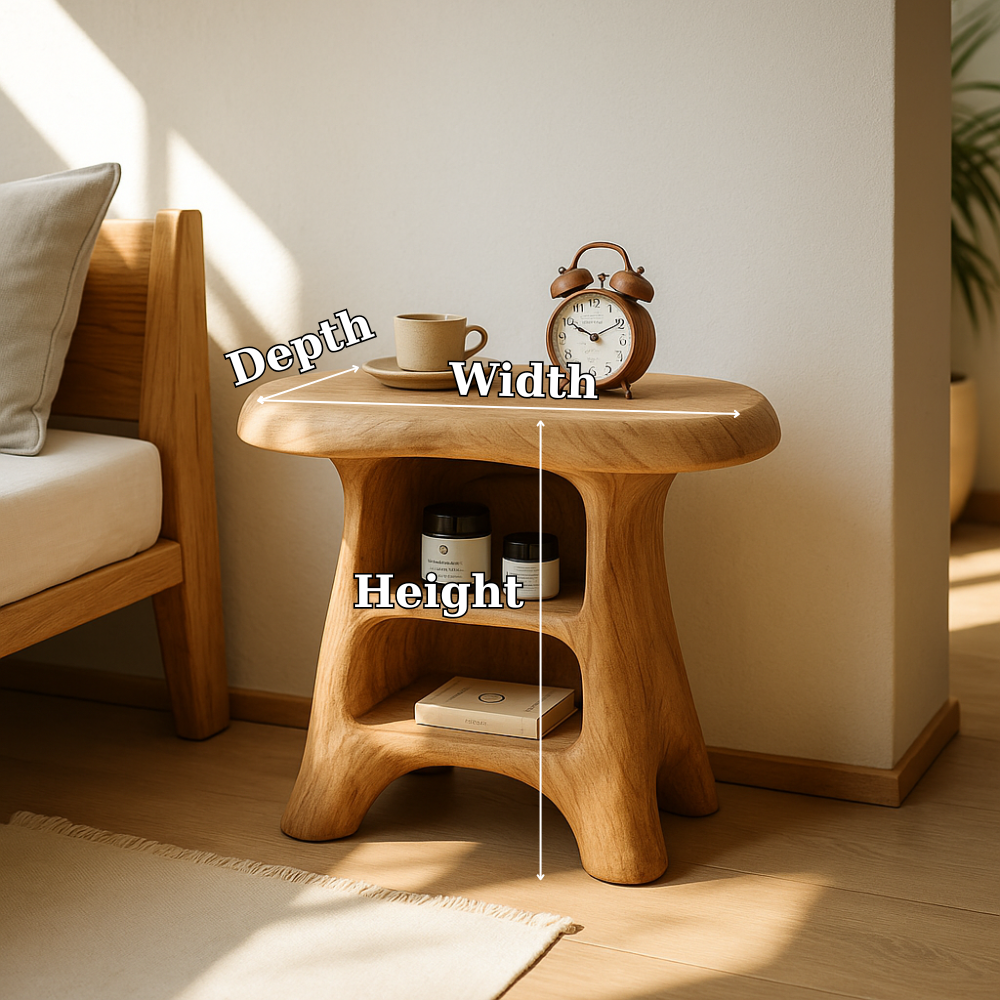Modern Wood Nightstand with Curved Base and Shelves for Bedroom Storage