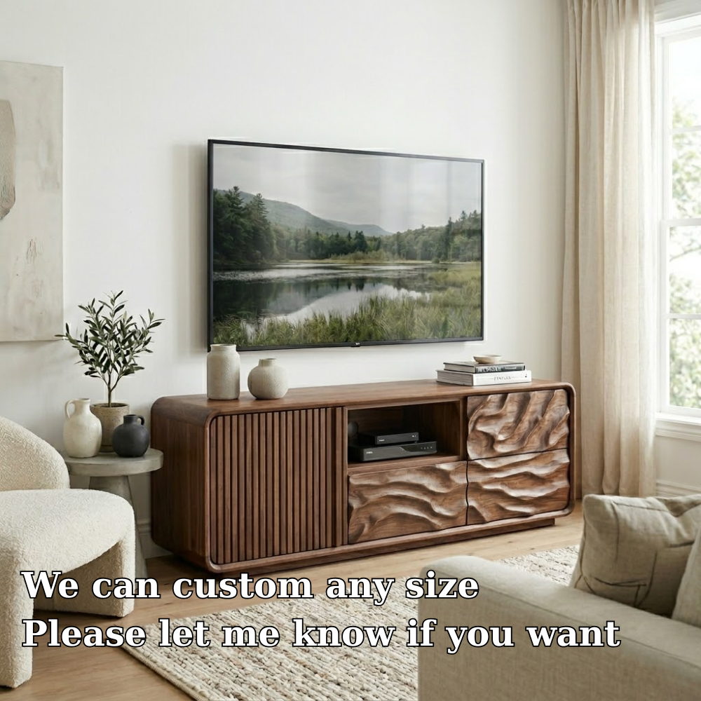Solid Wood Media Console with Fluted & Carved Doors, Modern TV Stand with Storage
