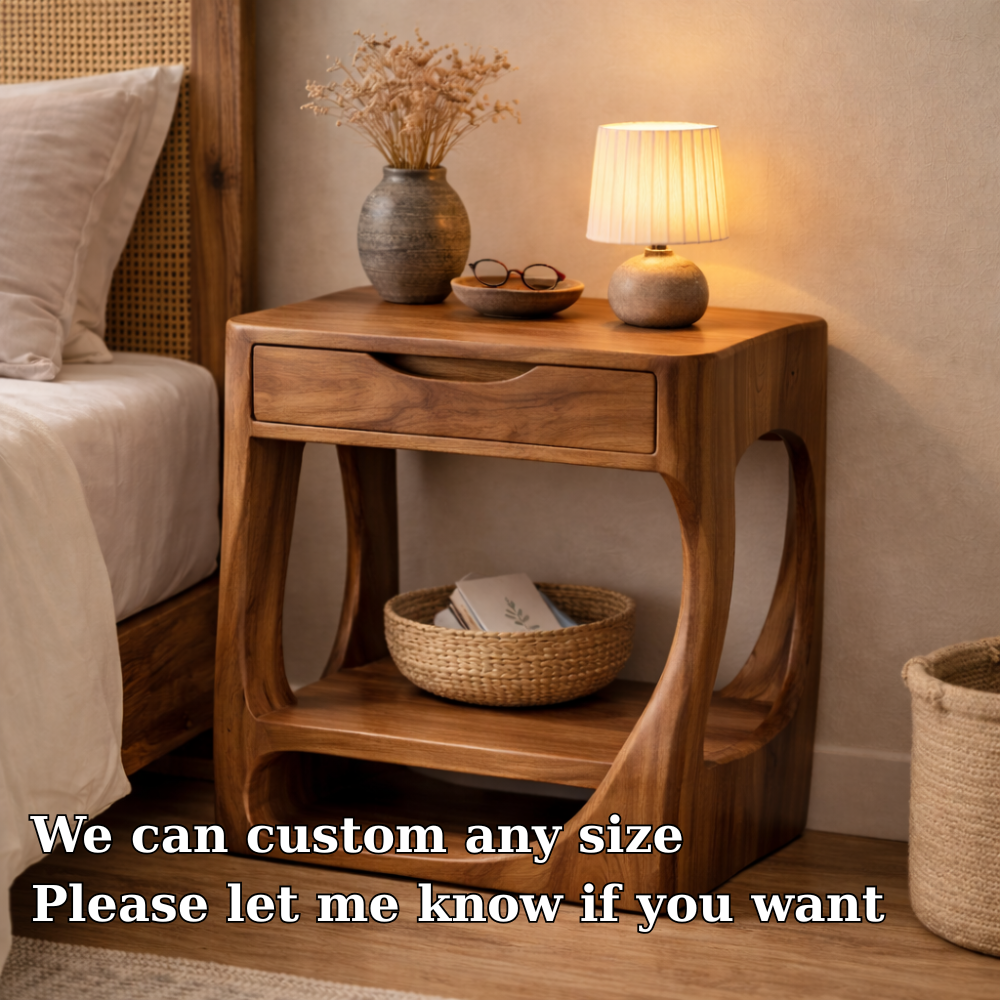 Solid Wood Nightstand with Open Shelf and Drawer – Modern Curved Bedside Table