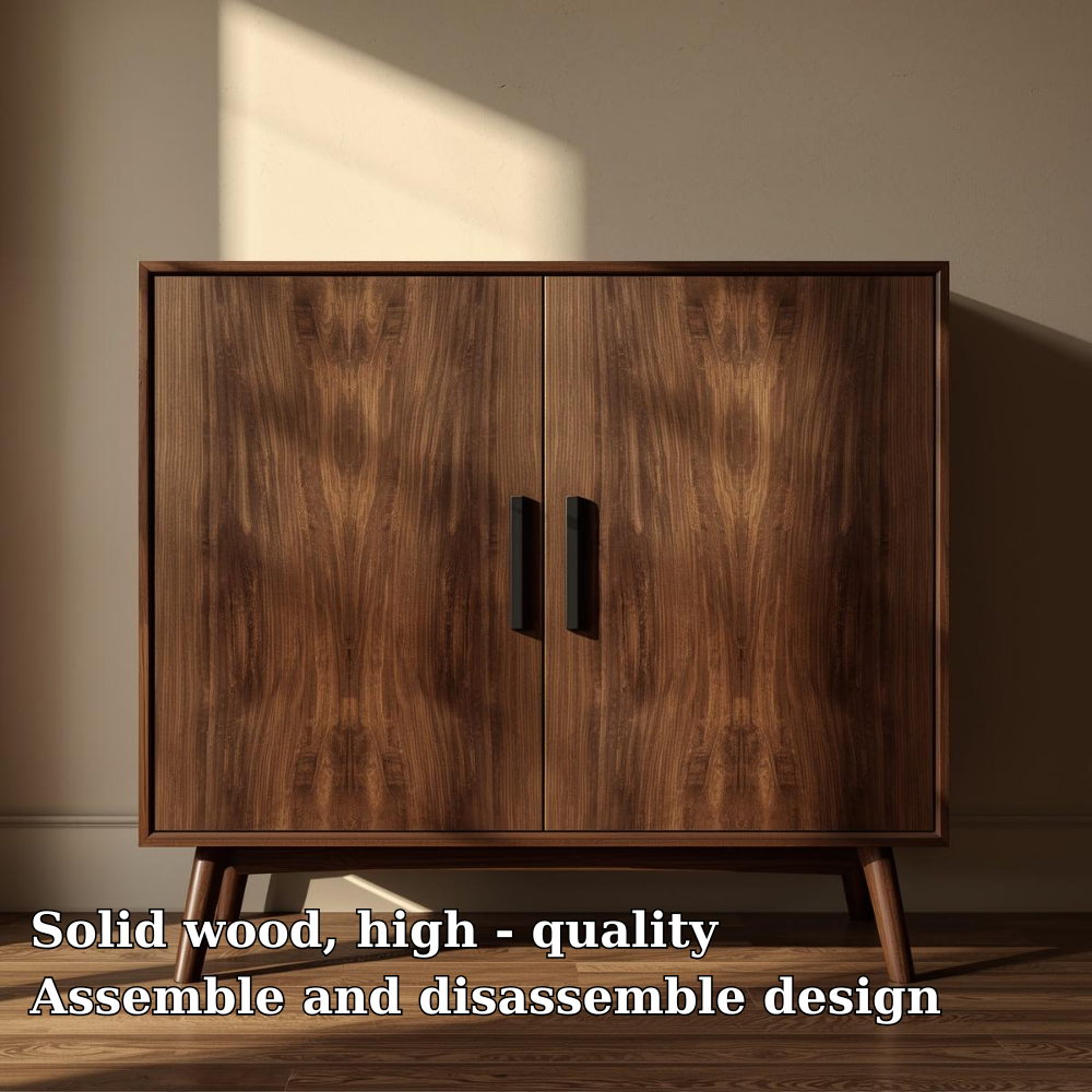 Sleek Walnut Console Cabinet | Mid-Century Modern Design with Black Handles