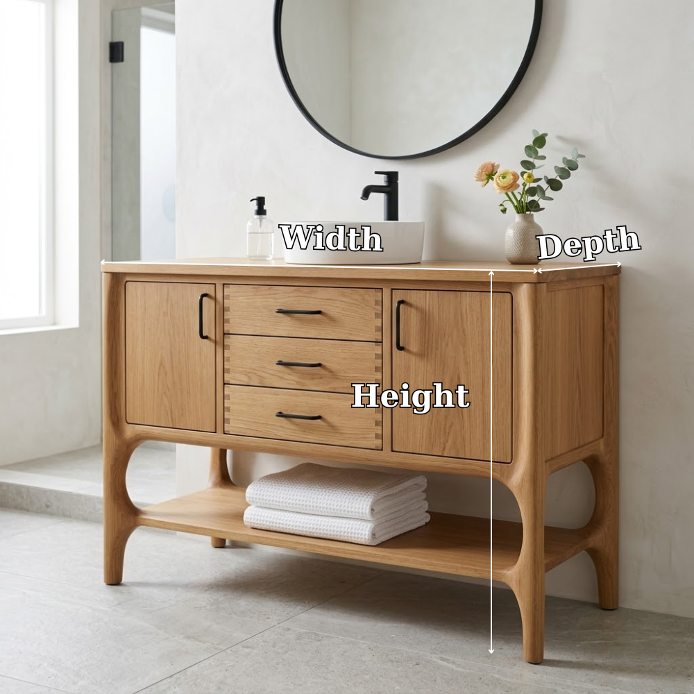 Solid Wood Bathroom Vanity with Drawers & Open Shelf – Modern Natural Base