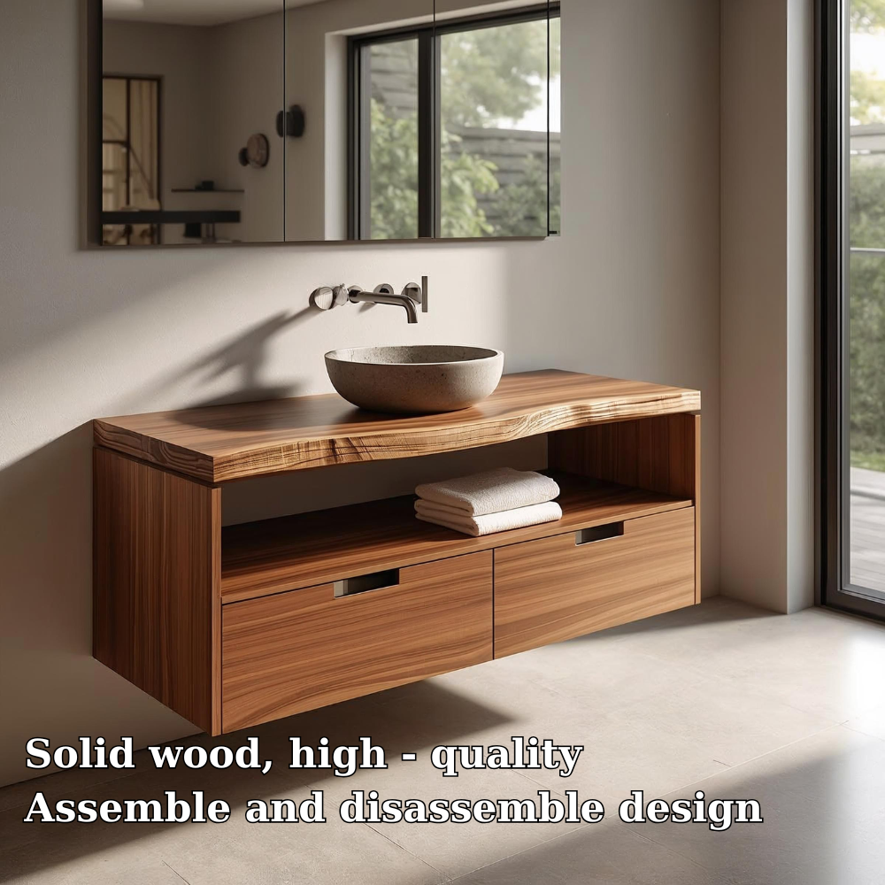 Floating Solid Wood Bathroom Vanity with Drawers – Modern Wall-Mounted Storage