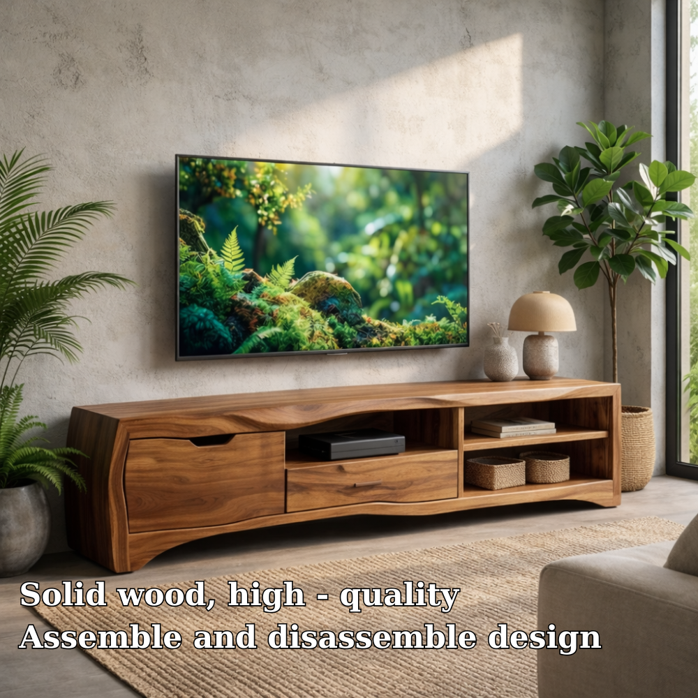 Modern Solid Wood TV Stand with Storage Drawers and Open Shelves – Living Room Media Console