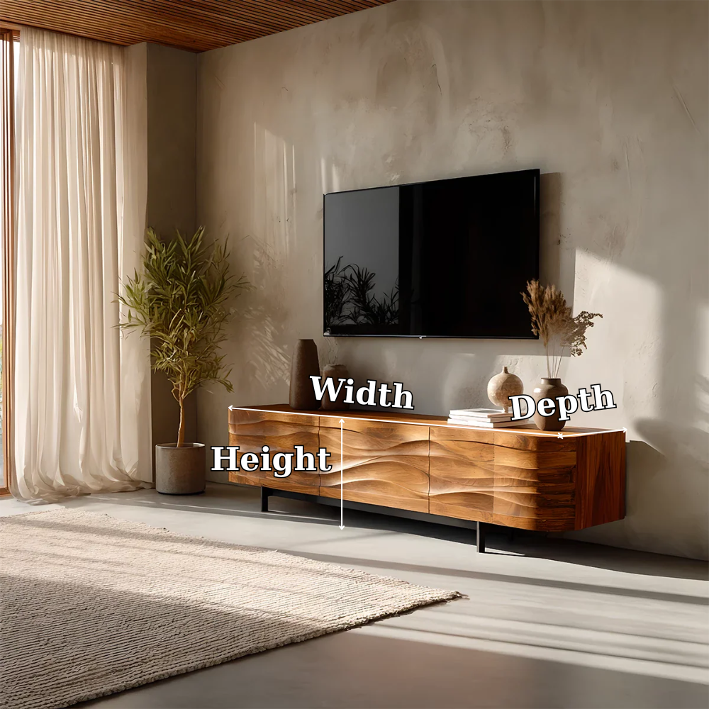 Solid Wood TV Stand Modern Walnut Media Console with Wave Front Design