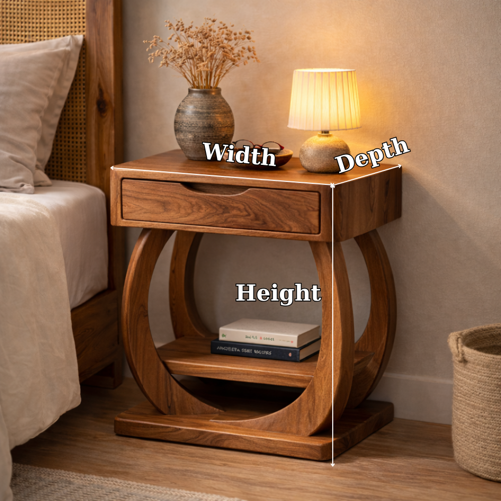 Solid Wood Nightstand with Drawer and Shelf – Modern Sculptural Bedside Table