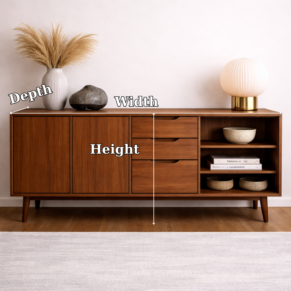 Mid-Century Solid Wood Console Cabinet with Drawers, Doors and Open Shelf