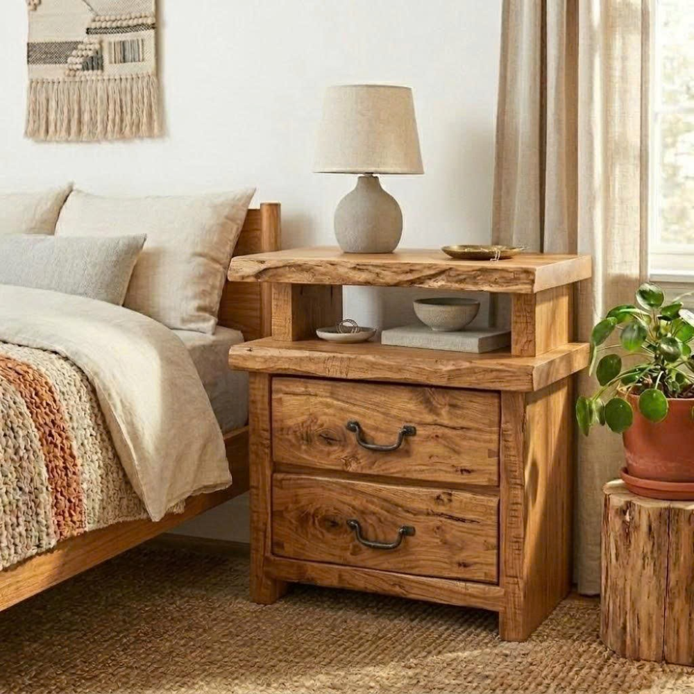 Solid Live Edge Nightstand - Rustic Industrial Table with Hand-Forged Handles
