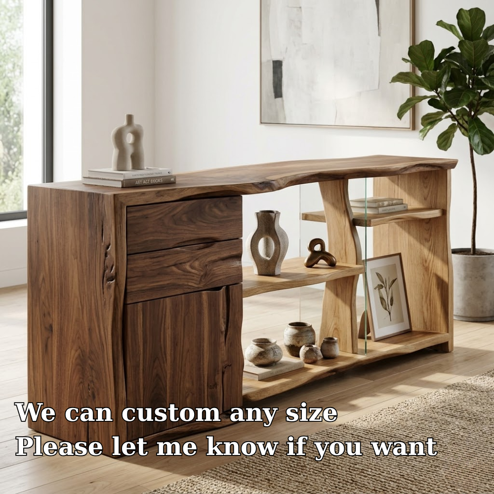 Live Edge Solid Wood Console Cabinet - Modern Rustic Sideboard with Glass Shelving
