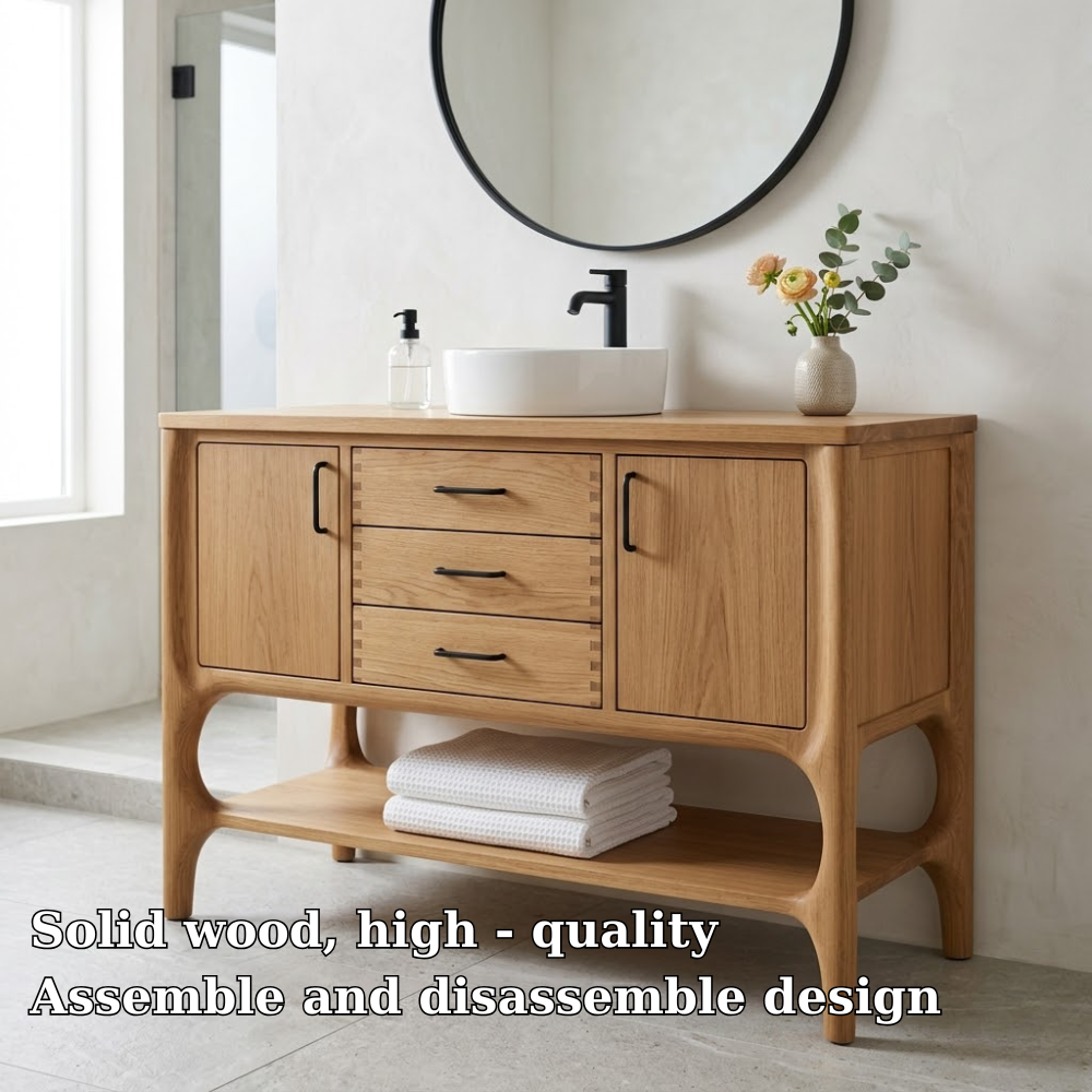 Solid Wood Bathroom Vanity with Drawers & Open Shelf – Modern Natural Base