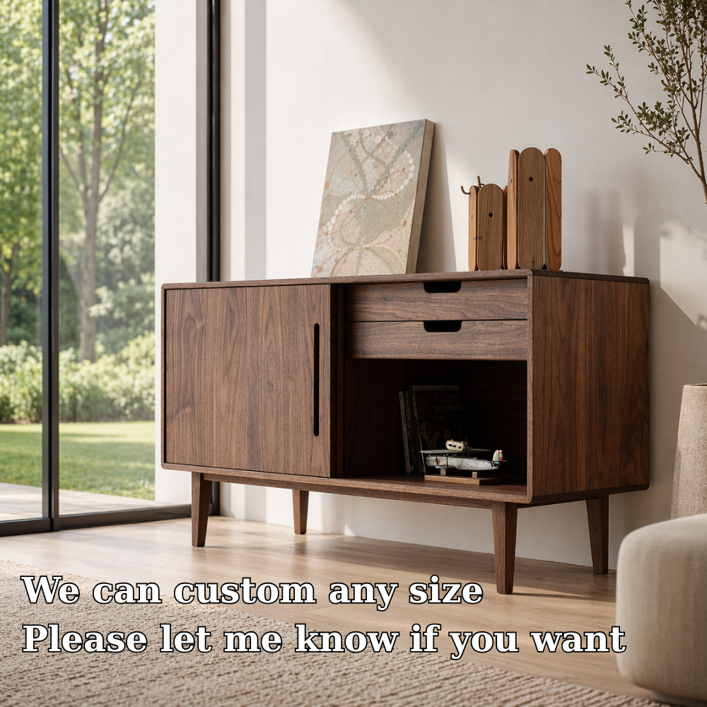 Solid Wood Console Sideboard with Open Shelf – Modern Walnut Storage Cabinet