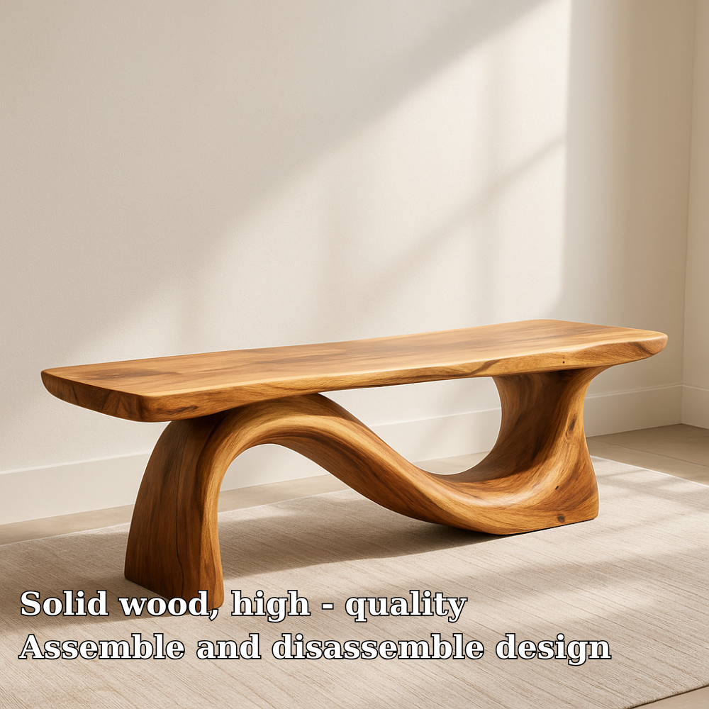 Modern Solid Wood Bench with Curved Base – Handmade Wooden Entryway Bench