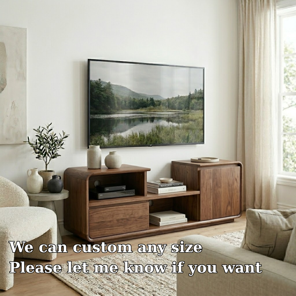 Solid Wood Media Console with Rounded Edges, Modern TV Stand with Storage Cabinet