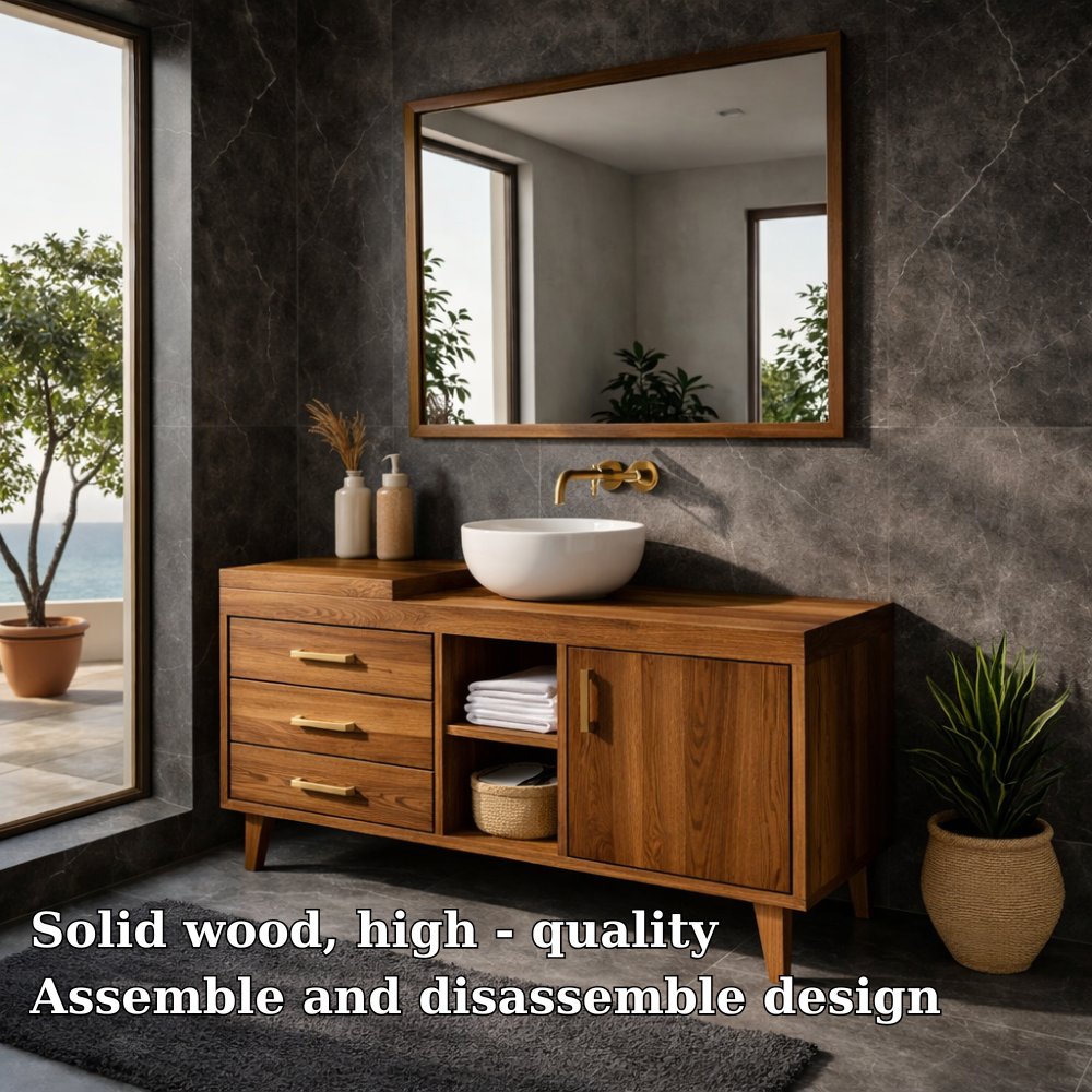 Solid Wood Bathroom Vanity Cabinet with Drawers & Shelf – Modern Walnut Bathroom Storage