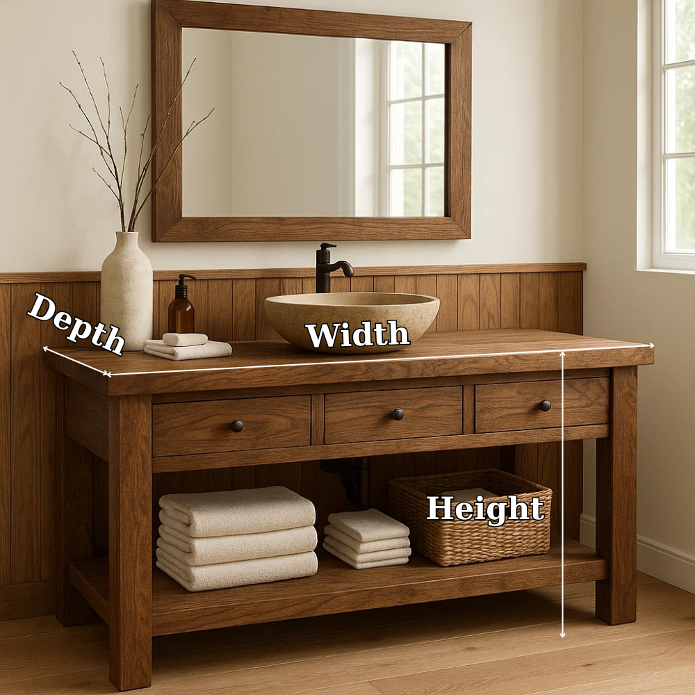 Rustic Solid Wood Bathroom Vanity with Vessel Sink – Modern Design with Storage