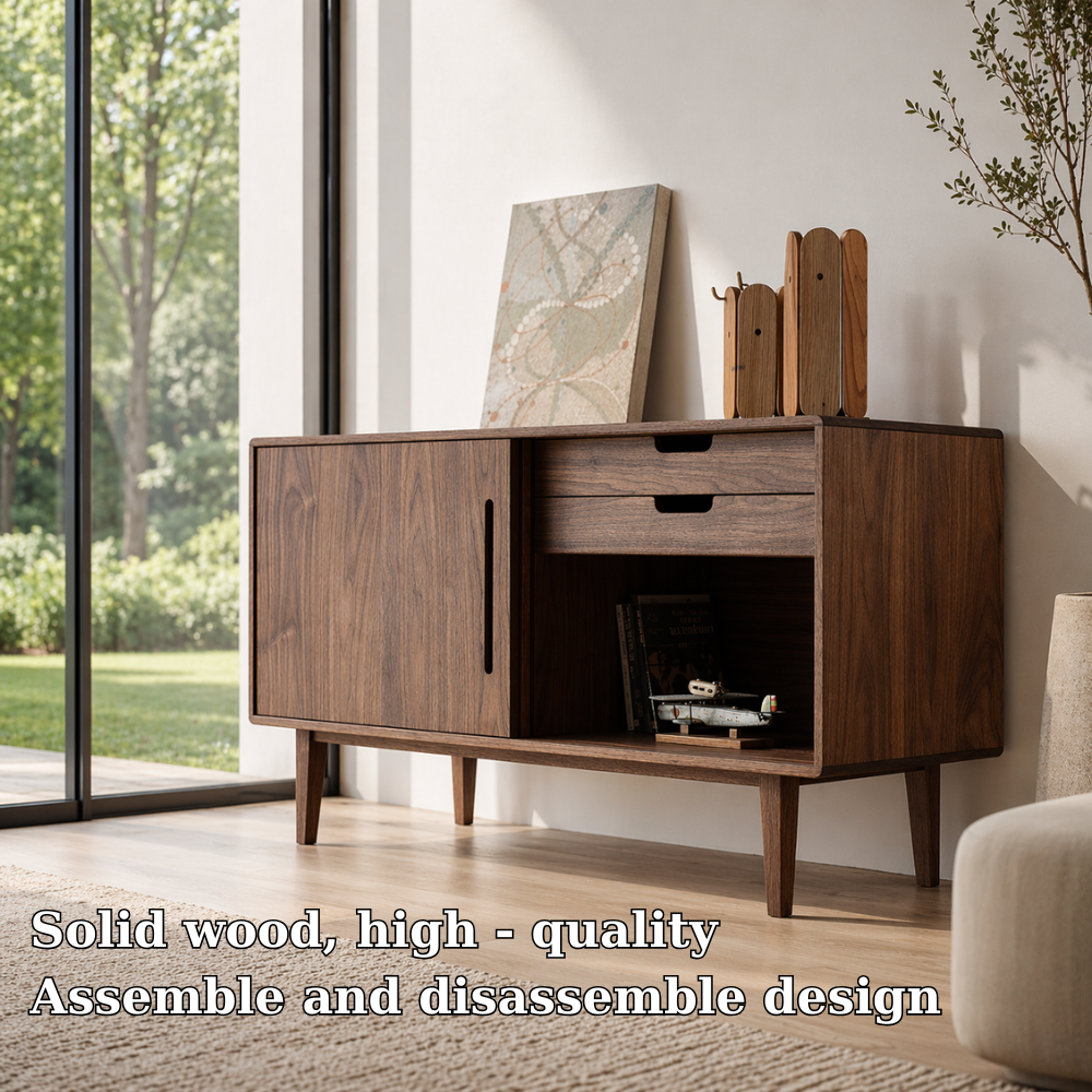 Solid Wood Console Sideboard with Open Shelf – Modern Walnut Storage Cabinet